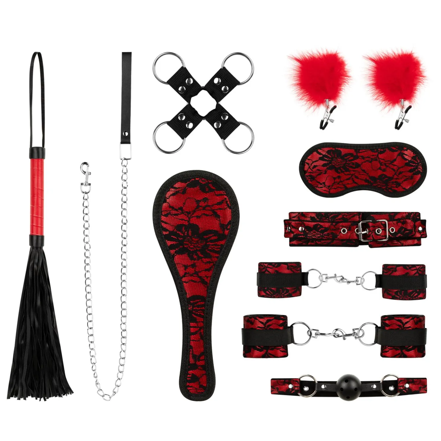 Bedroom Fantasies - Lace & Leather Look - Set Bondage 8 Pièces - Rouge