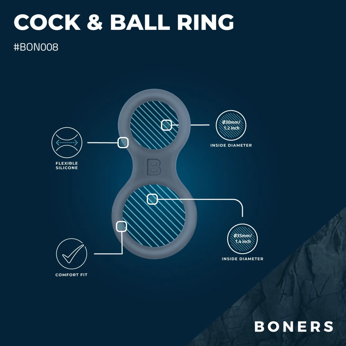Boners - Anneau pénien et séparateur de testicules en silicone - Gris