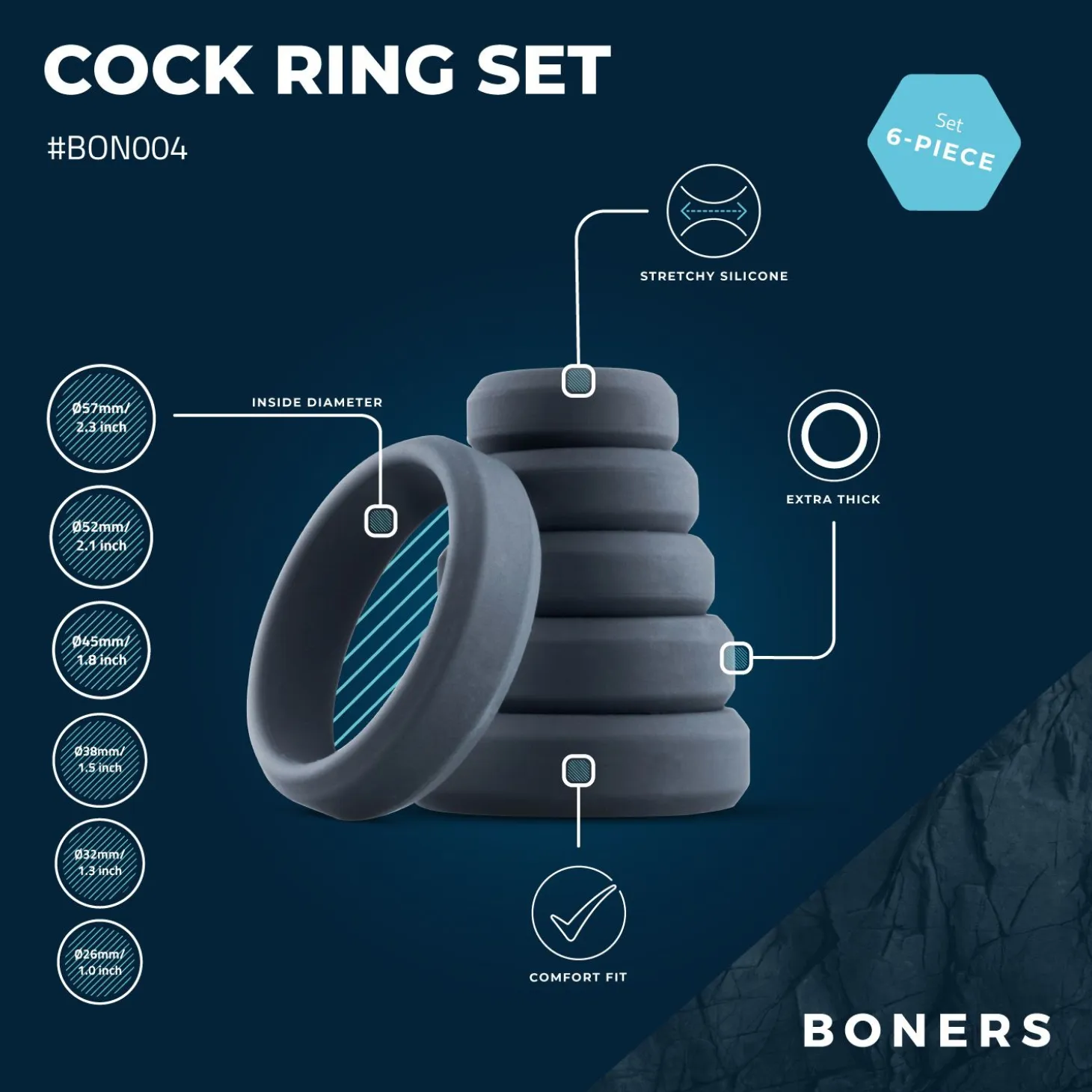 Boners - Lot de 6 anneaux péniens/testiculaires - Silicone