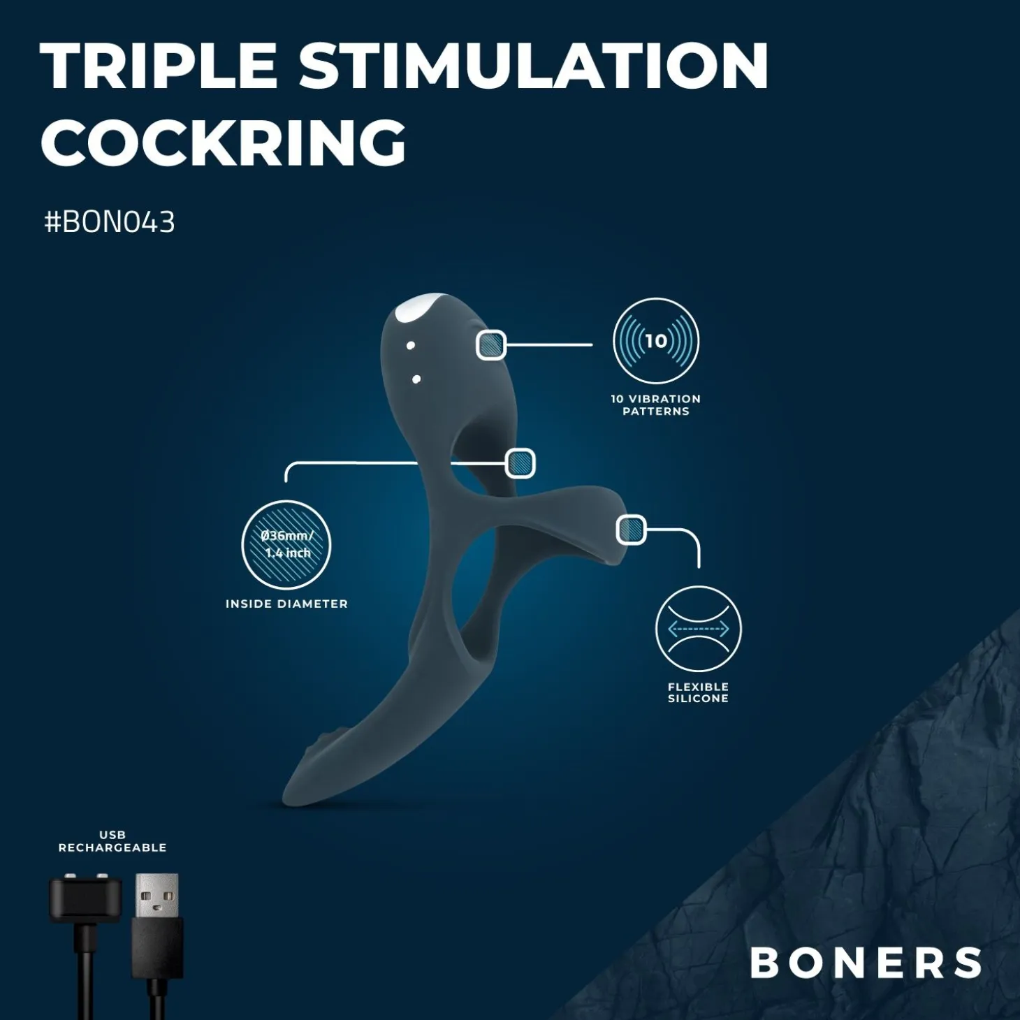 Boners - Triple cockring vibrant - Bleu