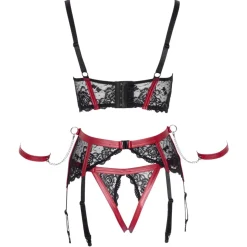 Cottelli Bondage - Ensemble 3 pièces avec jarretelles - Noir/Rouge