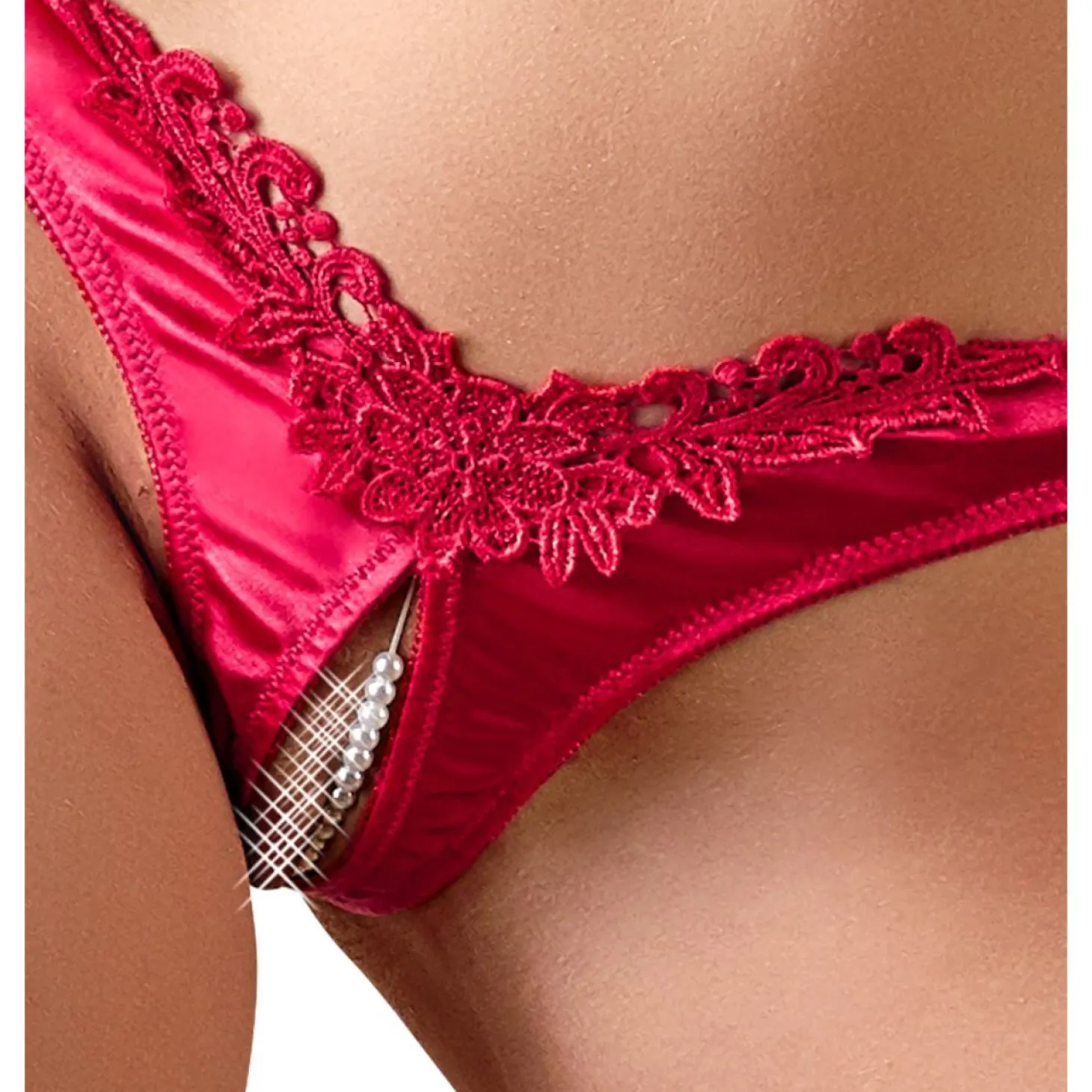 Cottelli Collection - Open Kruis String Met Parels - Rood
