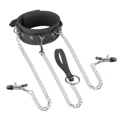 EasyToys - Collier, laisse et pinces à tétons en silicone - Noir