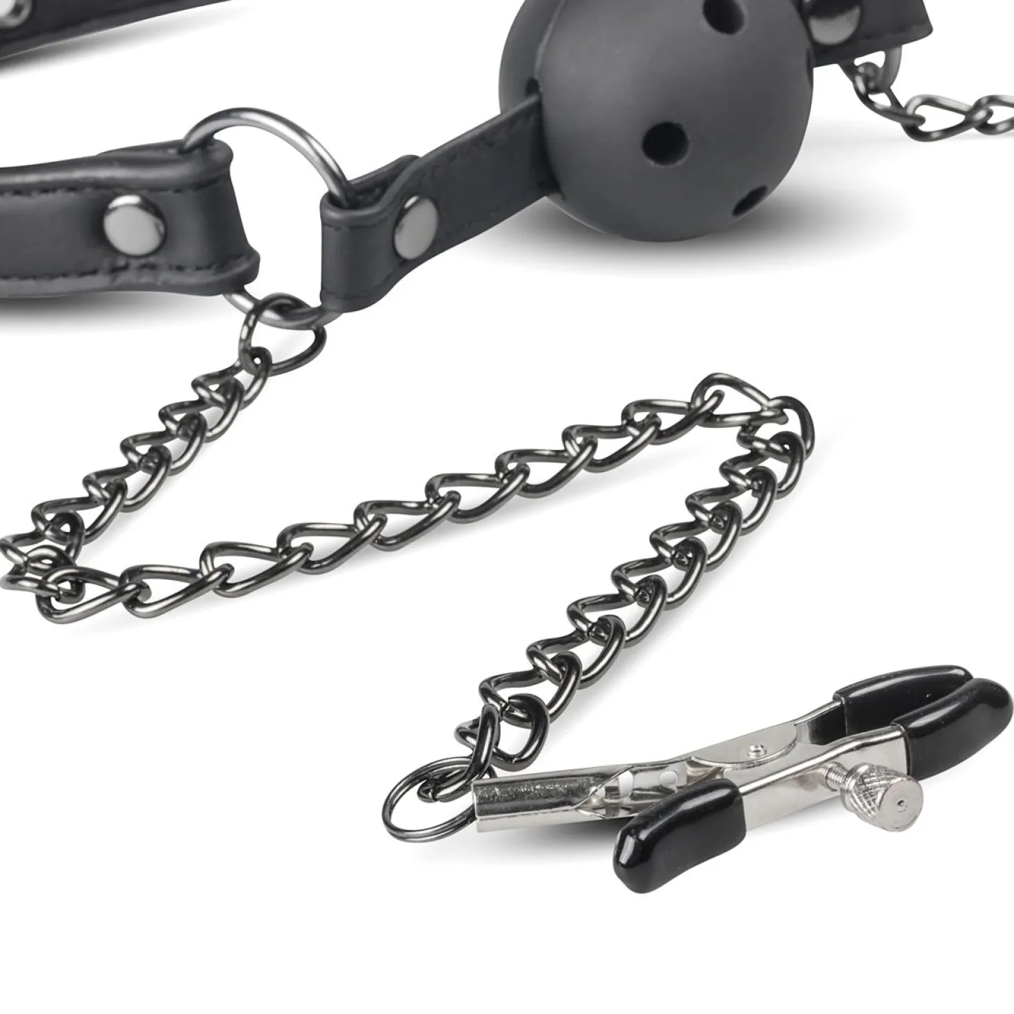 Easytoys Fetish - Bâillon à boule ouvert avec pinces à tétons