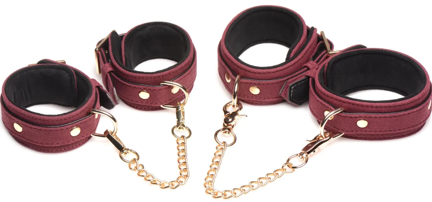 Ensemble BDSM 6 pièces en daim avec menottes, collier et sangle - Bordeaux