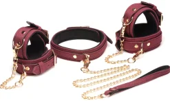 Ensemble BDSM 6 pièces en daim avec menottes, collier et sangle - Bordeaux