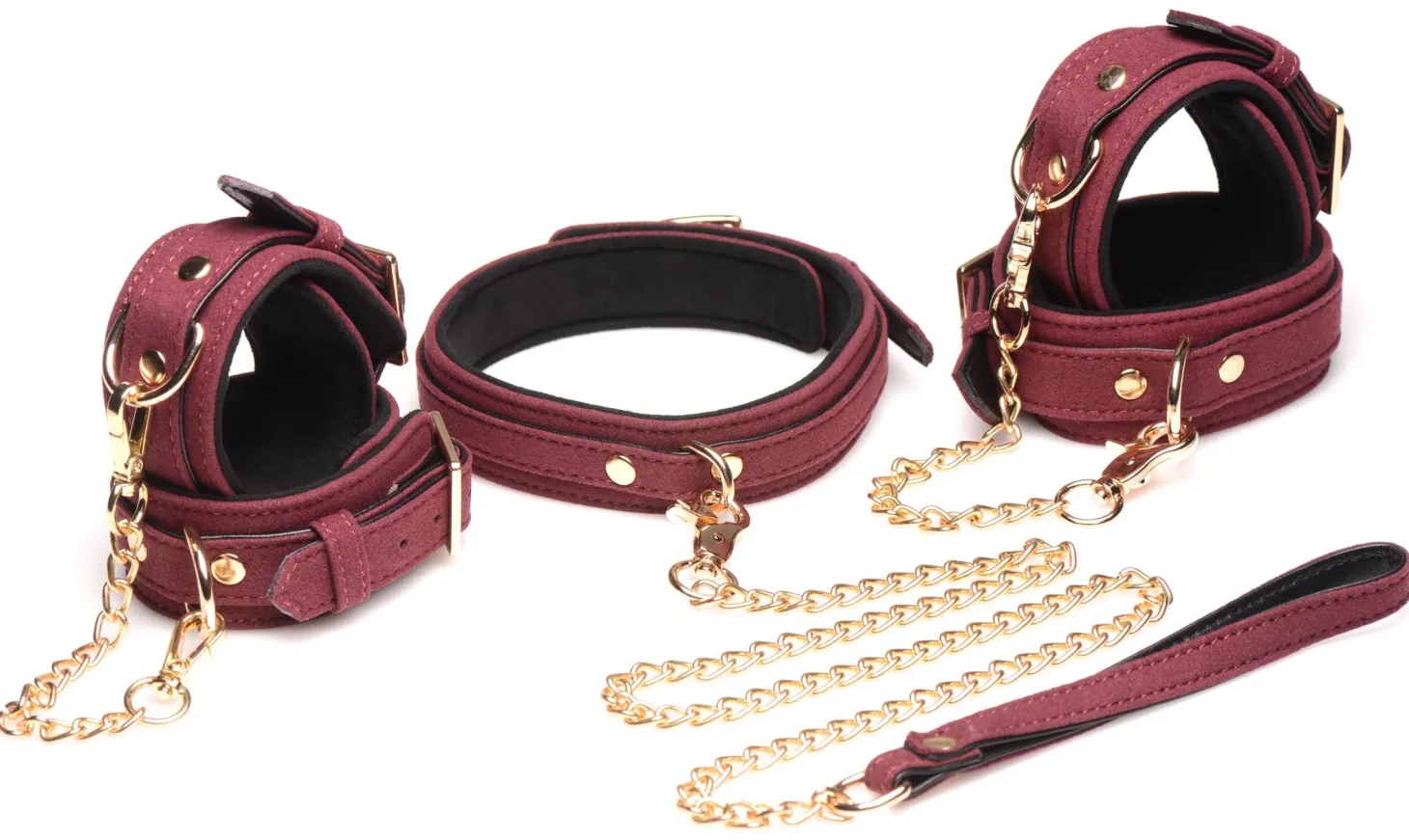 Ensemble BDSM 6 pièces en daim avec menottes, collier et sangle - Bordeaux
