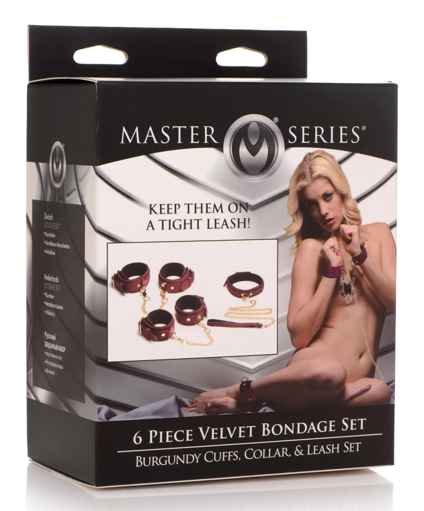 Ensemble BDSM 6 pièces en daim avec menottes, collier et sangle - Bordeaux