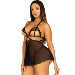 Leg Avenue – Babydoll Dentelle & Résille Avec String – Noir