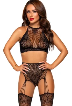 Leg Avenue - Body en Dentelle à Col Halter avec Porte-Jarretelles Intégrés