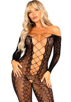 Leg Avenue – Bodystocking Ouverte à Motif Serpent – Noir
