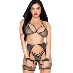 Leg Avenue – Ensemble Soutien, String & Harnais Résille Lurex – Noir