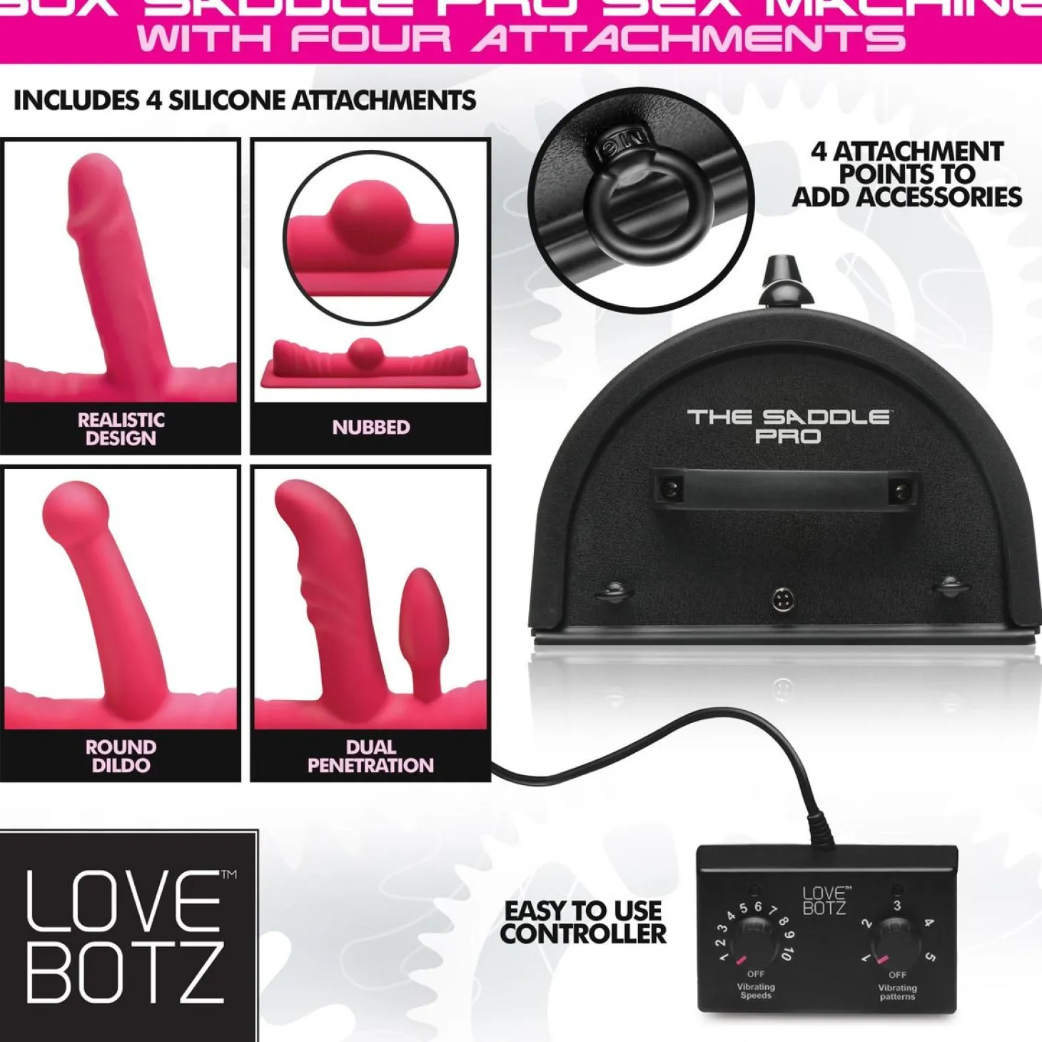 LOVE BOTZ - 50X Saddle Pro Machine Sexuelle avec 4 Accessoires - Noir