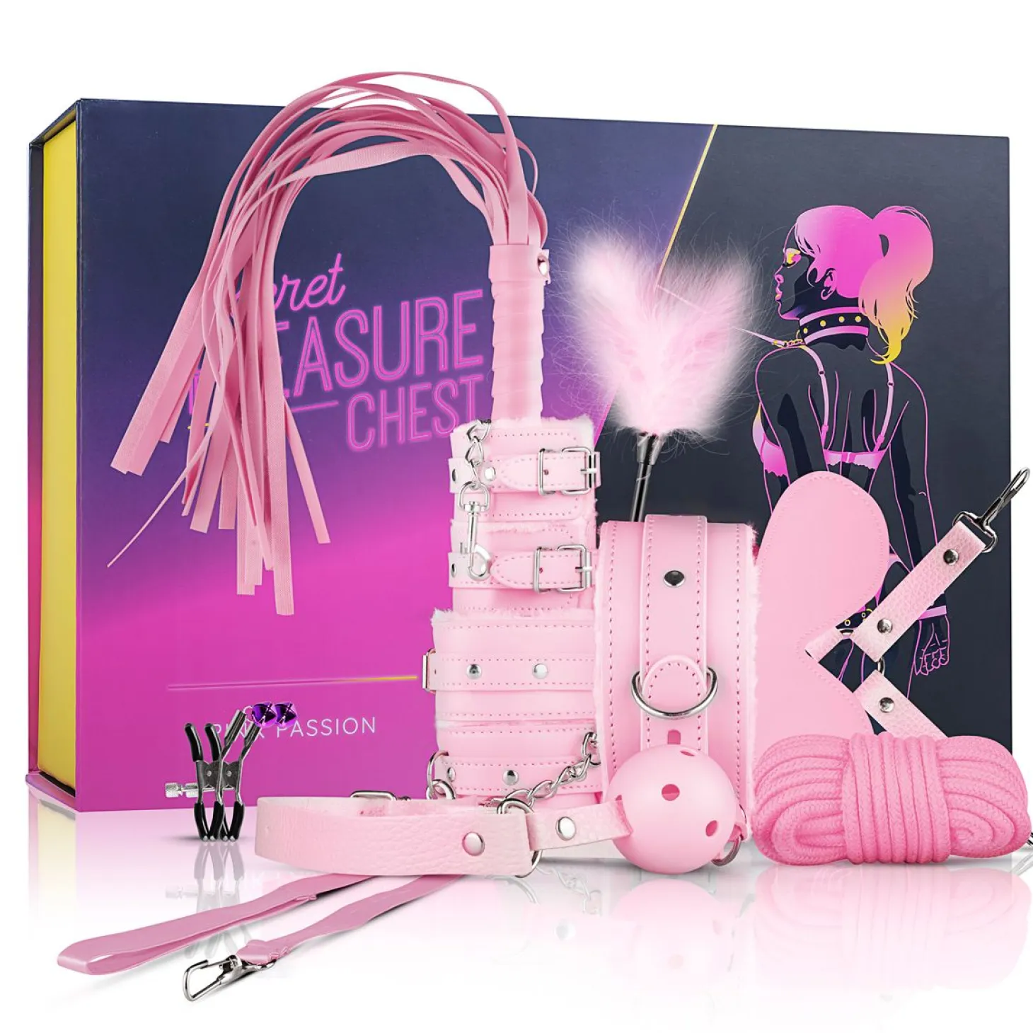 Secret Pleasure Chest X Bedroom Fantasies - BDSM débutant·es 10 accessoires - Rose